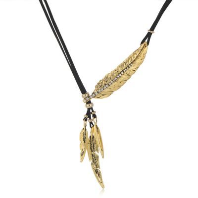 AKOAK Fashion Punk Choker Necklace Brown Long Rope Leather Chain Vintage Bronze Leaf Feather Tassel Pendant Necklace