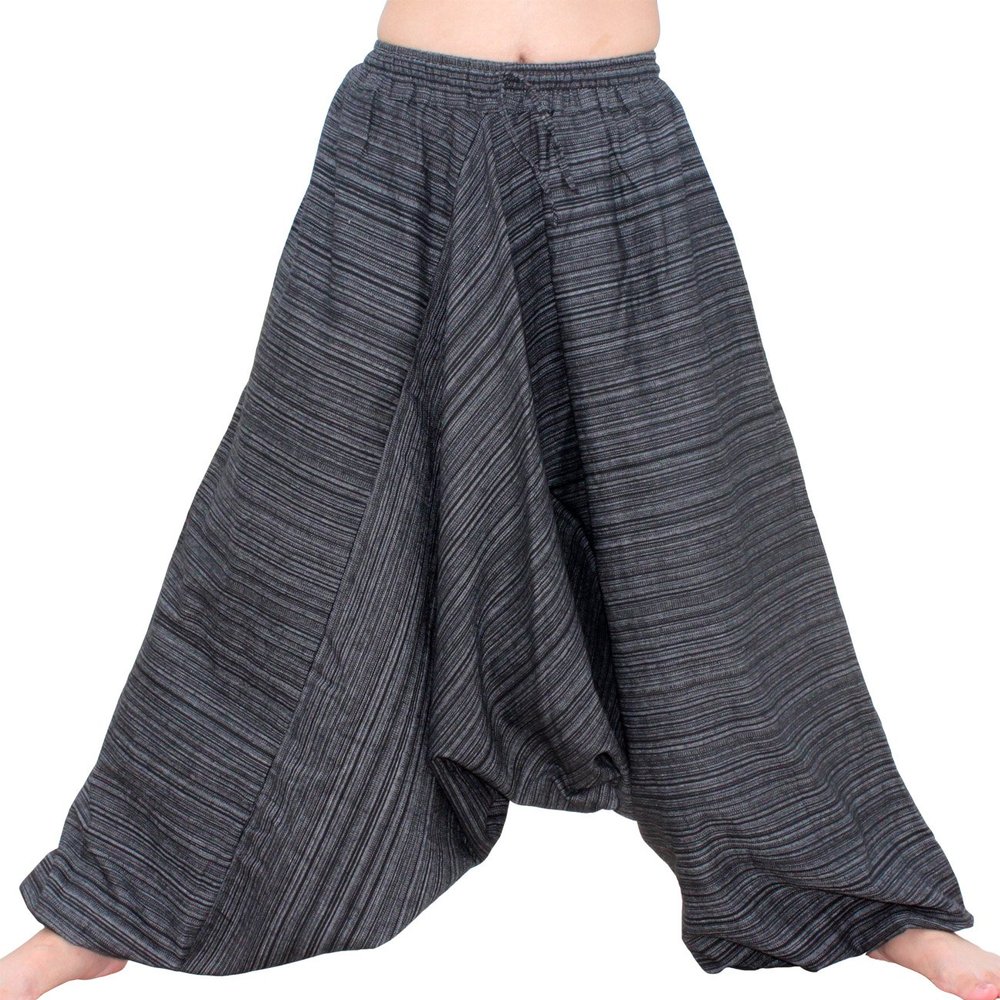 RaanPahMuang Striped Cotton Elastic Pullstring Waist Baggy Mao Pants, Small, Black