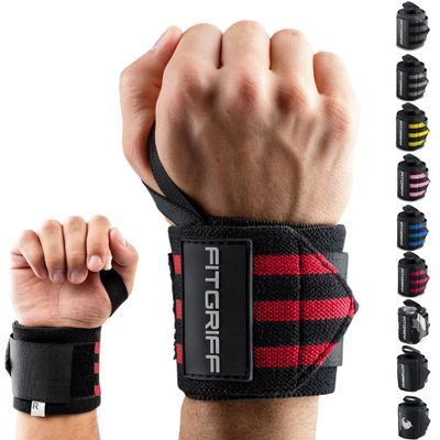 Fitgriff Wrist Wraps for Weightlifting (18") Heavy-Duty Support for Gym, Bench Press, and Pushups (1 Pair) - for Men and Women (Black/Red)