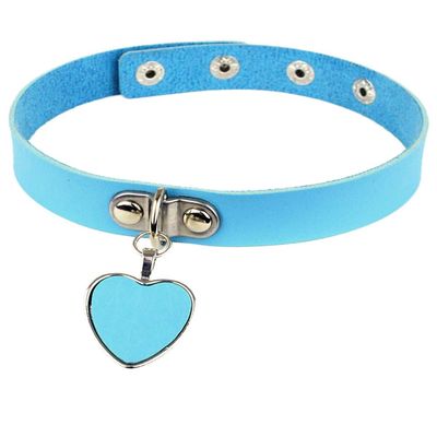 AKOAK Fashion Cool Rock Style Steampunk Punk Goth Heart-Shape Pendant Link PU Leather Collar Choker Necklace(Light Blue)