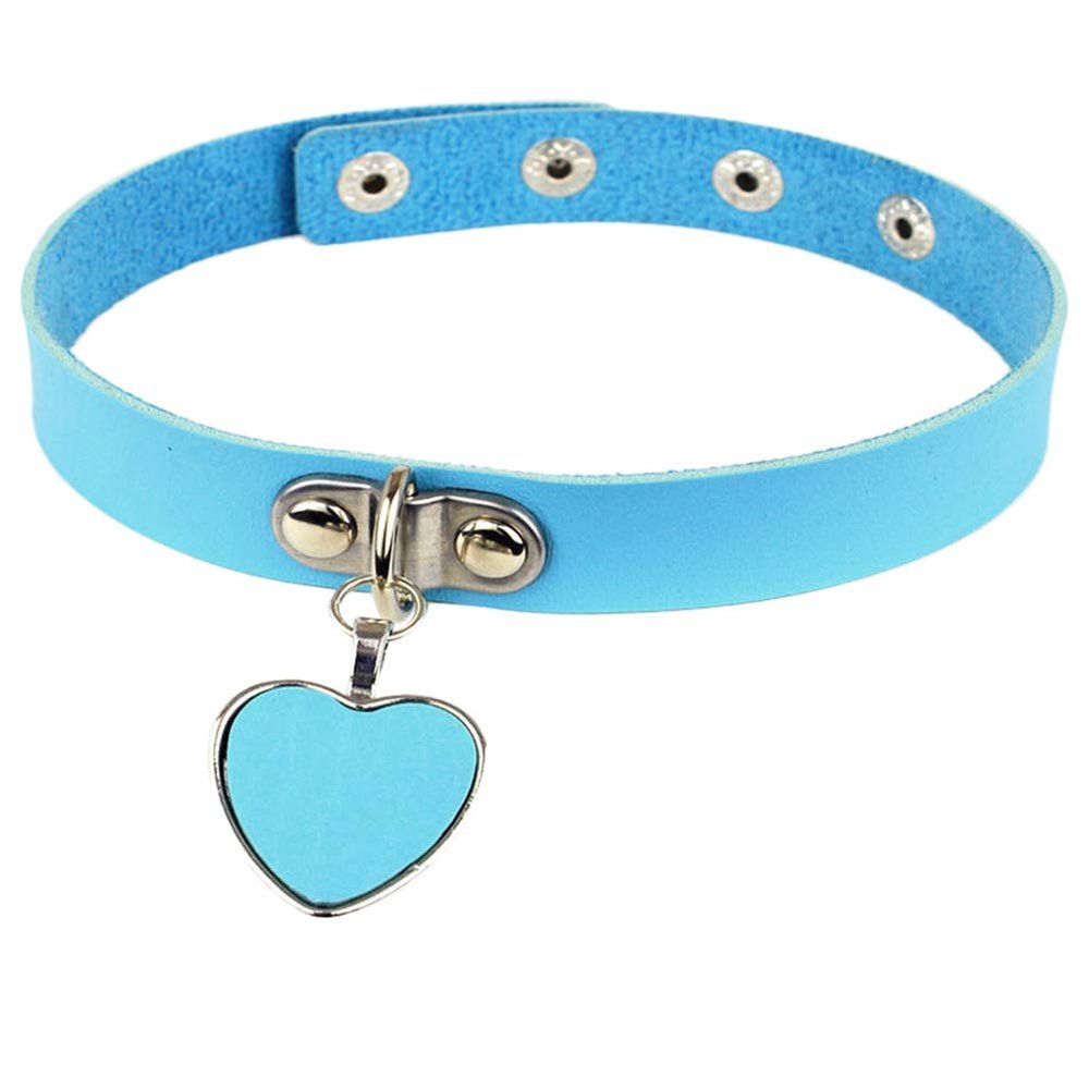 AKOAK Fashion Cool Rock Style Steampunk Punk Goth Heart-Shape Pendant Link PU Leather Collar Choker Necklace(Light Blue)
