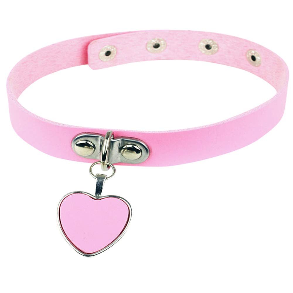 AKOAK Fashion Cool Rock Style Steampunk Punk Goth Heart-Shape Pendant Link PU Leather Collar Choker Necklace(Pink)