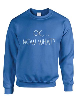 ALLNTRENDS Adult Crewneck OK Now What? Funny Cool Stuff Humor Top (XL, Royal Blue)