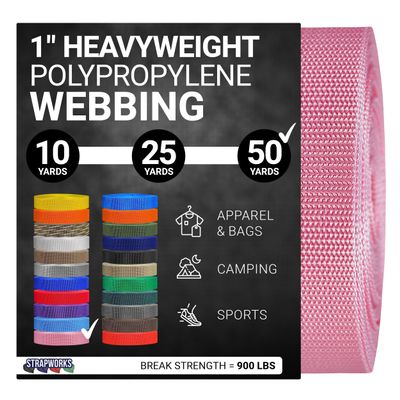 Strapworks Heavyweight Polypropylene Webbing - Heavy Duty Poly Strapping for Outdoor DIY Gear Repair, 1 Inch x 50 Yards - Pink