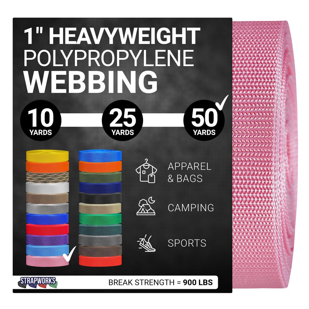 Strapworks Heavyweight Polypropylene Webbing - Heavy Duty Poly Strapping for Outdoor DIY Gear Repair, 1 Inch x 50 Yards - Pink