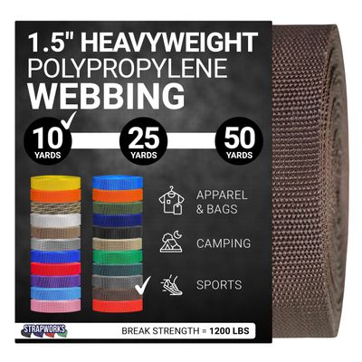 Strapworks Heavyweight Polypropylene Webbing - Heavy Duty Poly Strapping for Outdoor DIY Gear Repair, 1.5 Inch x 10 Yards, Brown