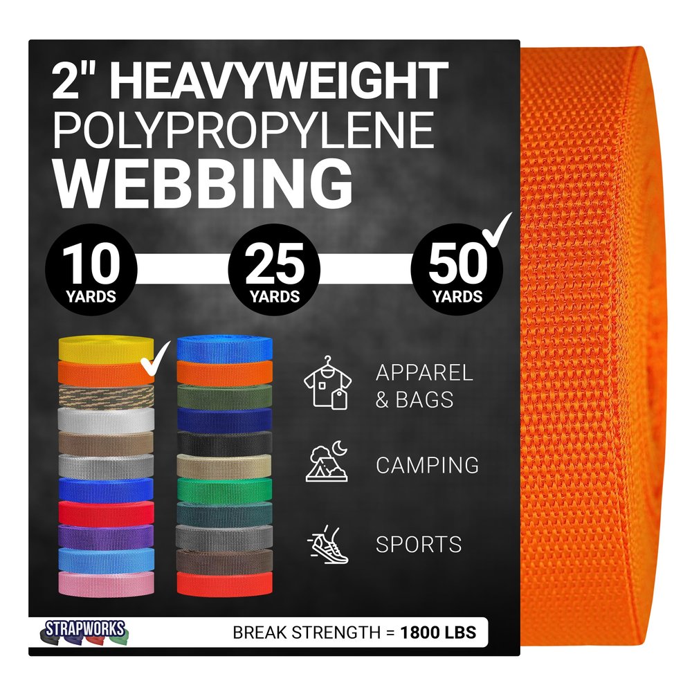 Strapworks Heavyweight Polypropylene Webbing - Heavy Duty Poly Strapping for Outdoor DIY Gear Repair, 2 Inch x 50 Yards - Yellow Gold