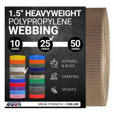 Strapworks Heavyweight Polypropylene Webbing - Heavy Duty Poly Strapping for Outdoor DIY Gear Repair, 1.5 Inch x 25 Yards, Tan