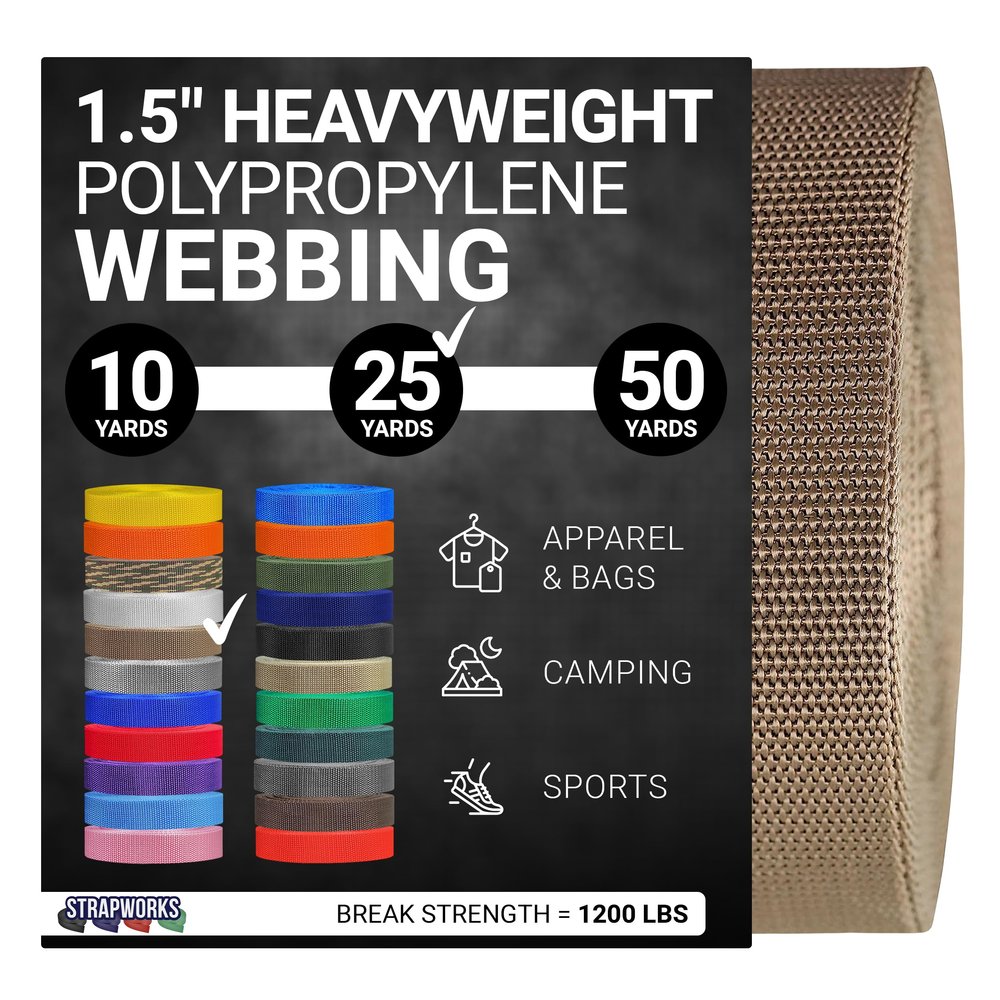 Strapworks Heavyweight Polypropylene Webbing - Heavy Duty Poly Strapping for Outdoor DIY Gear Repair, 1.5 Inch x 25 Yards, Tan