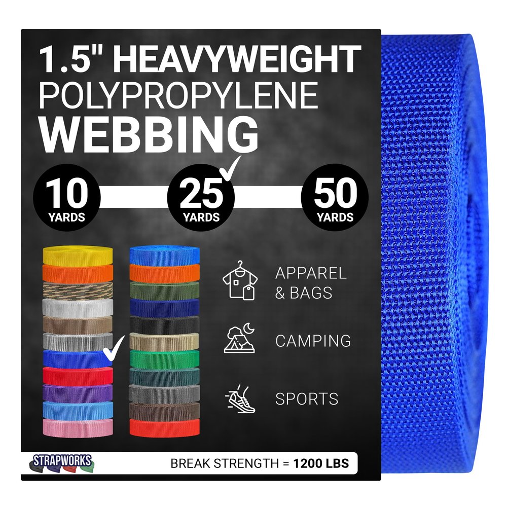 Strapworks Heavyweight Polypropylene Webbing - Heavy Duty Poly Strapping for Outdoor DIY Gear Repair, 1.5 Inch x 25 Yards, Royal Blue