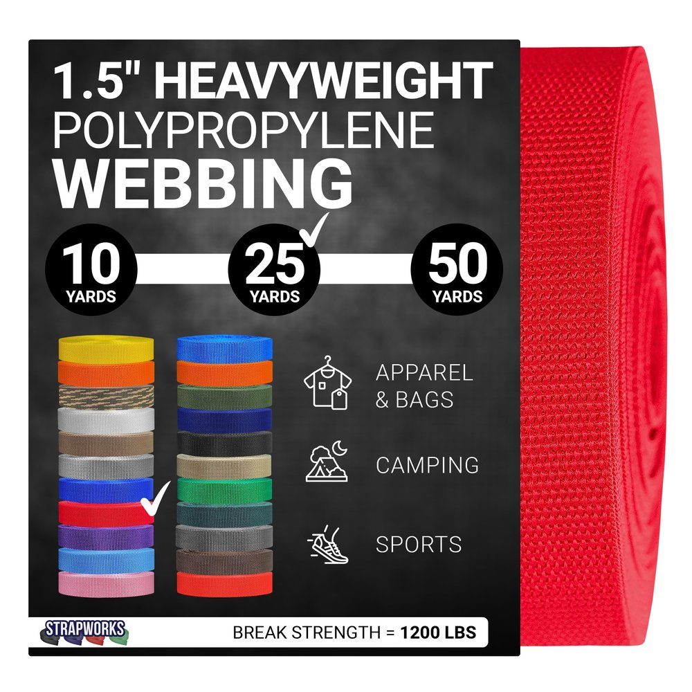 Strapworks Heavyweight Polypropylene Webbing - Heavy Duty Poly Strapping for Outdoor DIY Gear Repair, 1.5 Inch x 25 Yards, Red