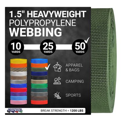 Strapworks Heavyweight Polypropylene Webbing - Heavy Duty Poly Strapping for Outdoor DIY Gear Repair, 1.5 Inch x 50 Yards, Olive Drab