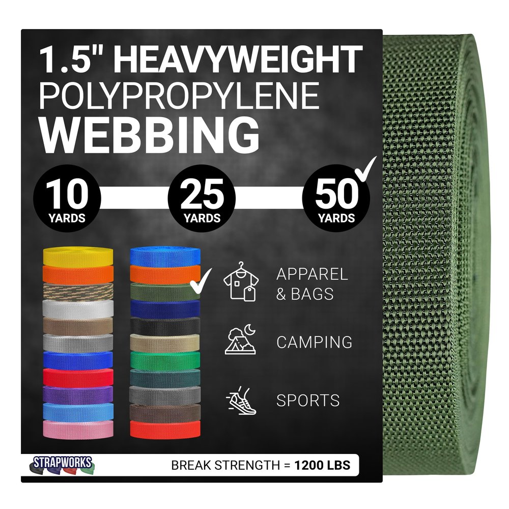 Strapworks Heavyweight Polypropylene Webbing - Heavy Duty Poly Strapping for Outdoor DIY Gear Repair, 1.5 Inch x 50 Yards, Olive Drab