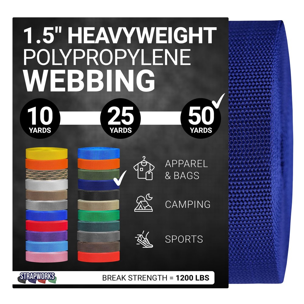 Strapworks Heavyweight Polypropylene Webbing - Heavy Duty Poly Strapping for Outdoor DIY Gear Repair, 1.5 Inch x 50 Yards, Navy Blue