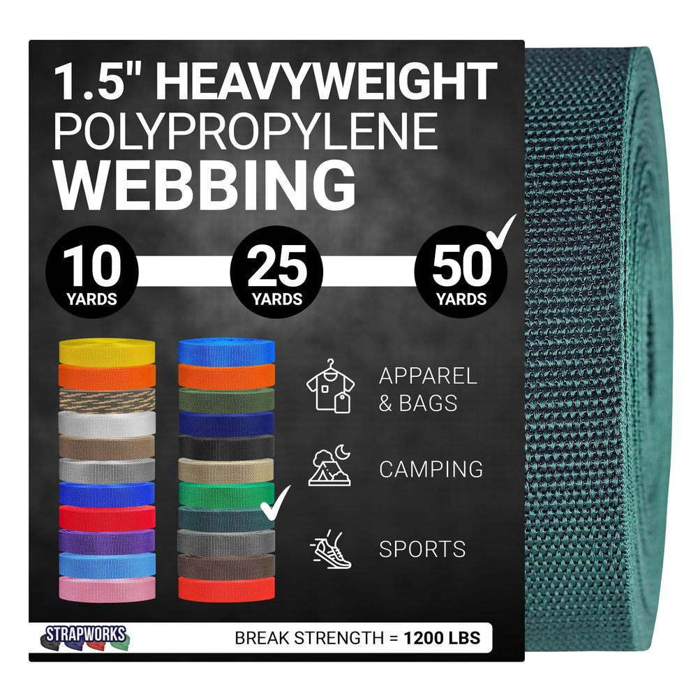 Strapworks Heavyweight Polypropylene Webbing - Heavy Duty Poly Strapping for Outdoor DIY Gear Repair, 1.5 Inch x 50 Yards, Forest Green