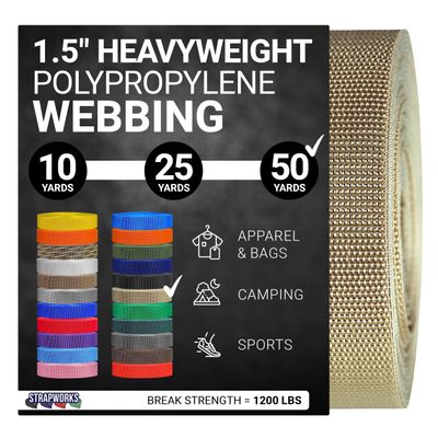 Strapworks Heavyweight Polypropylene Webbing - Heavy Duty Poly Strapping for Outdoor DIY Gear Repair, 1.5 Inch x 50 Yards, Khaki