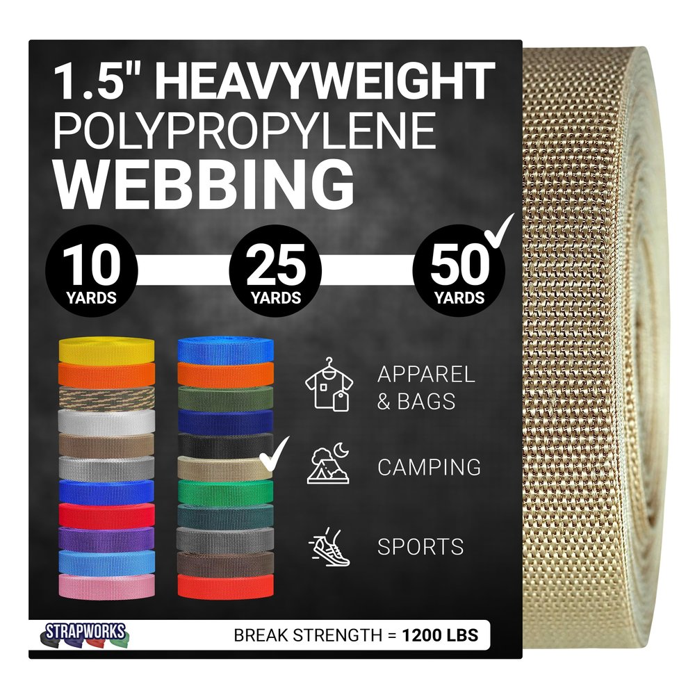 Strapworks Heavyweight Polypropylene Webbing - Heavy Duty Poly Strapping for Outdoor DIY Gear Repair, 1.5 Inch x 50 Yards, Khaki