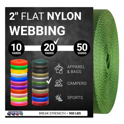 Strapworks Colored Flat Nylon Webbing - Strap For Arts And Crafts, Dog Leashes, Outdoor Activities 2 Inches x 20 Yards, Olive Drab