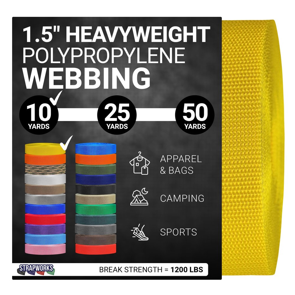 Strapworks Heavyweight Polypropylene Webbing - Heavy Duty Poly Strapping for Outdoor DIY Gear Repair, 1.5 Inch x 10 Yards, Yellow