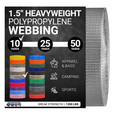 Strapworks Heavyweight Polypropylene Webbing - Heavy Duty Poly Strapping for Outdoor DIY Gear Repair, 1.5 Inch x 10 Yards, Silver Gray