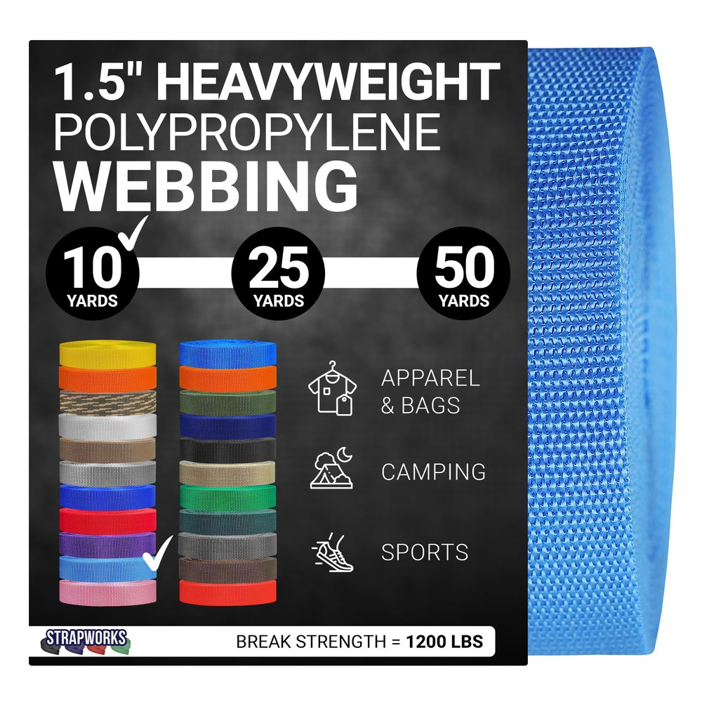 Strapworks Heavyweight Polypropylene Webbing - Heavy Duty Poly Strapping for Outdoor DIY Gear Repair, 1.5 Inch x 10 Yards, Powder Blue