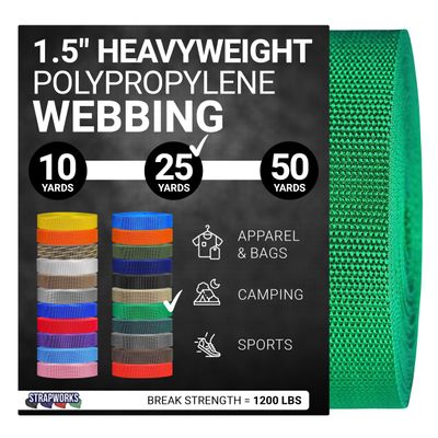 Strapworks Heavyweight Polypropylene Webbing - Heavy Duty Poly Strapping for Outdoor DIY Gear Repair, 1.5 Inch x 25 Yards, Kelly Green