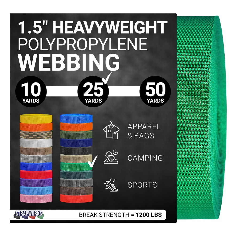 Strapworks Heavyweight Polypropylene Webbing - Heavy Duty Poly Strapping for Outdoor DIY Gear Repair, 1.5 Inch x 25 Yards, Kelly Green