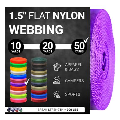 Strapworks 1.5 Inch Heavy Duty Nylon Webbing Strap Roll for Belt, Backpack, Sling, Collar, Leash, Strapping and More, 50 Yards, Purple