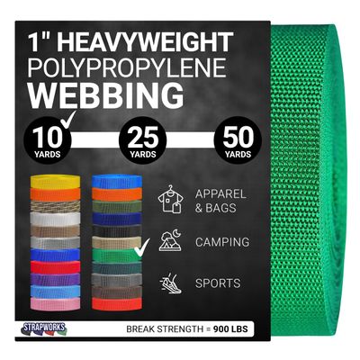 Strapworks Heavyweight Polypropylene Webbing - Heavy Duty Poly Strapping for Outdoor DIY Gear Repair, 1 Inch x 10 Yards - Kelly Green