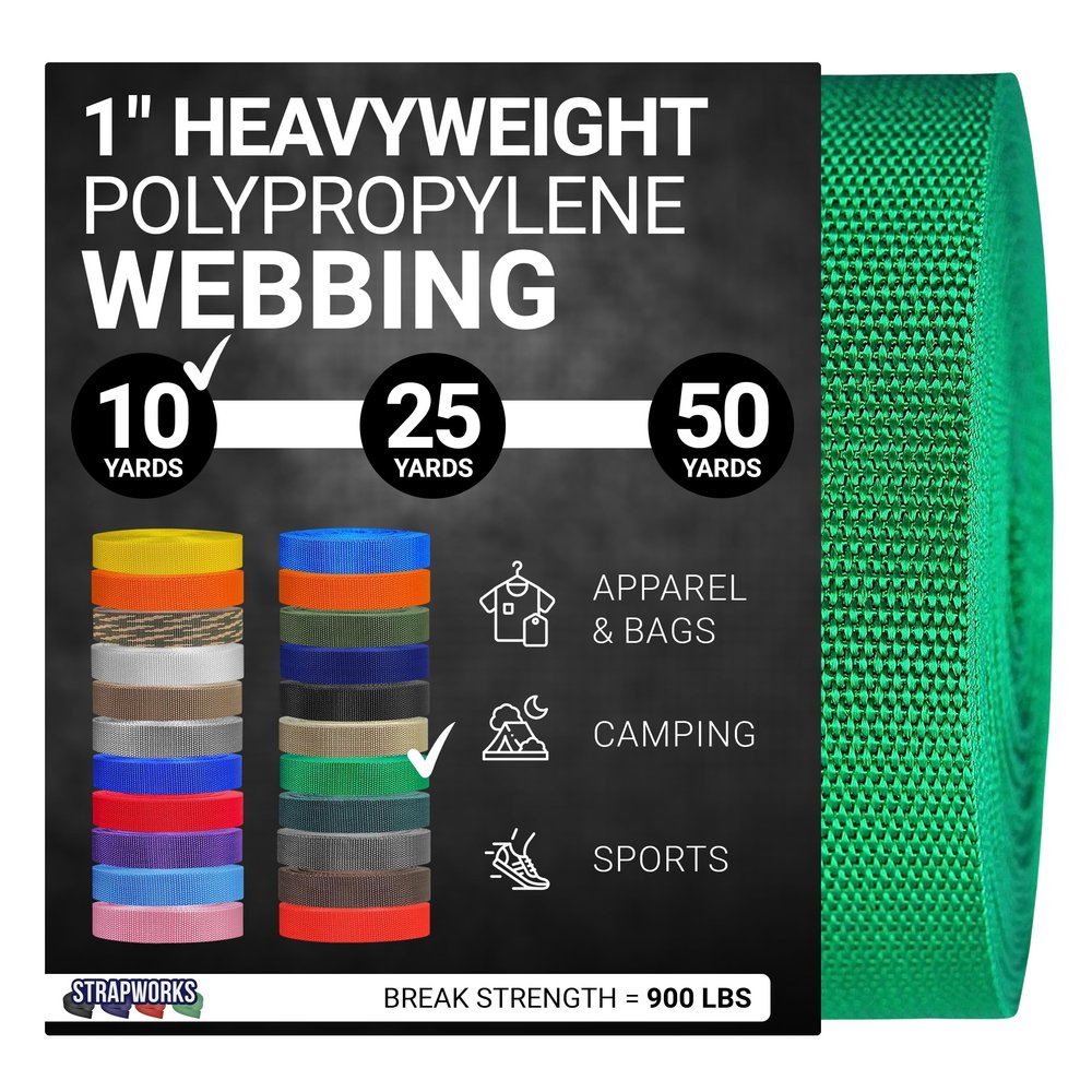 Strapworks Heavyweight Polypropylene Webbing - Heavy Duty Poly Strapping for Outdoor DIY Gear Repair, 1 Inch x 10 Yards - Kelly Green