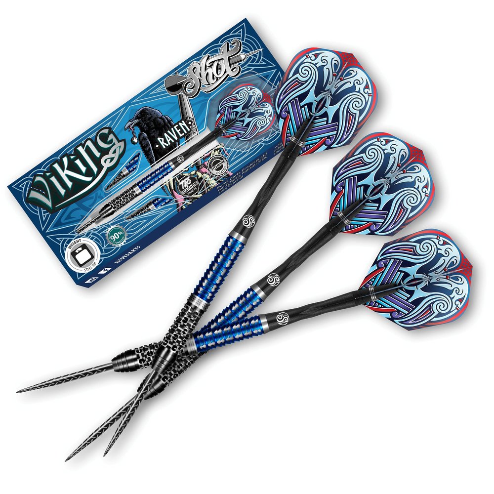 Shot Darts Steel Tip Viking Raven 90% Tungsten Barrels Center Balanced with Dual Grip for Precision Pro Level Design with Premium Flights and Metal Tips Handcrafted Quality Made in New Zealand