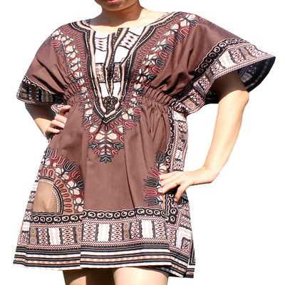 Ladies Dashiki Shirt with Elastic Pull in Waist Open Collar Brown sz M