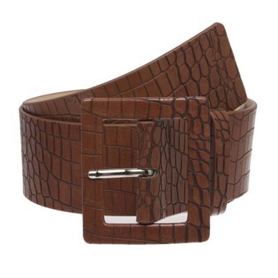 2 1/4" Wide Ladies High Waist Faux Crocodile Print Patent Leather Fashion Belt, Light Brown | L/XL - 40"