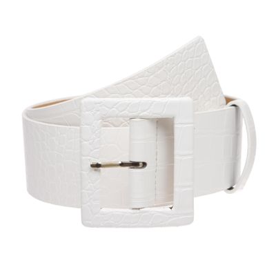 2 1/4" Wide Ladies High Waist Faux Crocodile Print Patent Leather Fashion Belt, White | L/XL - 40"