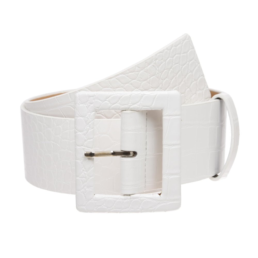 2 1/4" Wide Ladies High Waist Faux Crocodile Print Patent Leather Fashion Belt, White | L/XL - 40"