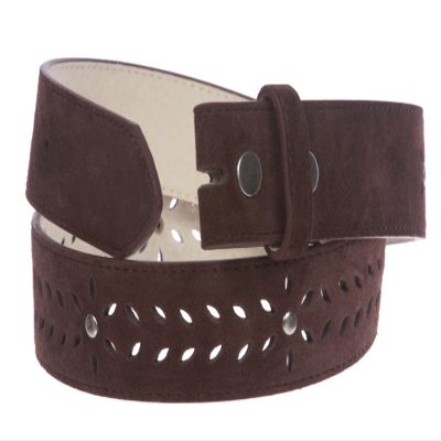 1 1/2" (38 mm) Snap on Suede Perforated Studded Leather Belt Strap, Brown | 34"