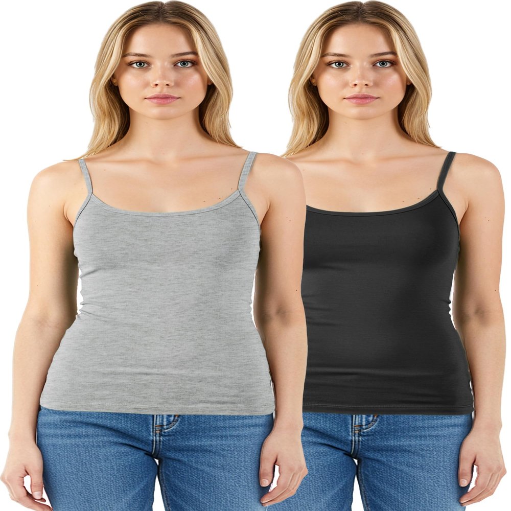 Emmalise Women's Basic Short Camisole Adjustable Strap Layering Cami Tank Top (2Pk Black, Hgry, Medium)