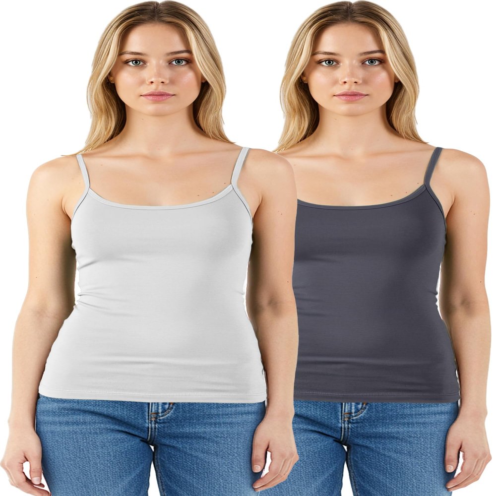 Emmalise Women's Basic Short Camisole Adjustable Strap Layering Cami Tank Top (2Pk White, Charcoal Grey, Medium)