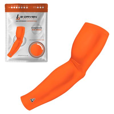 B-Driven Sports Pro-Fit Compression Arm Sleeve - Athletic Sports Support for Baseball, Basketball, Football, Softball, Running, Volleyball, Men, Women, Youth - Neon Orange XXX-L (Adult) (1pc)