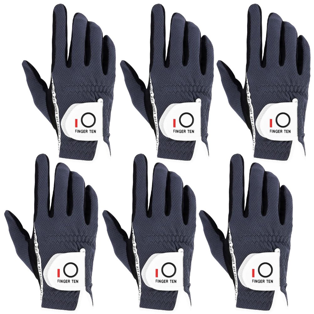 FINGER TEN Golf Gloves Men Right Left Handed Golfer Mens Glove RainGrip Hot Wet Weather Value 6 Pack, All Weather in Grey X-Large (Grey, X-Large, Right)