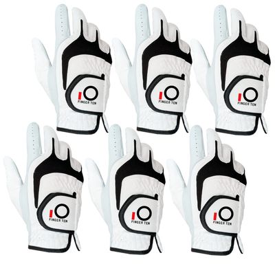 FINGER TEN Premium Cabretta Leather Golf Gloves Men 6 Pack for Right Left Handed Golfer, Comfortable Glove with All Weather Grip for Left Right Hand Size S M ML L XL (White-6 Pack, Medium, Right)