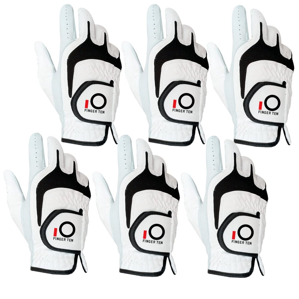 FINGER TEN Premium Cabretta Leather Golf Gloves Men 6 Pack for Right Left Handed Golfer, Comfortable Glove with All Weather Grip for Left Right Hand Size S M ML L XL (White-6 Pack, Medium, Right)