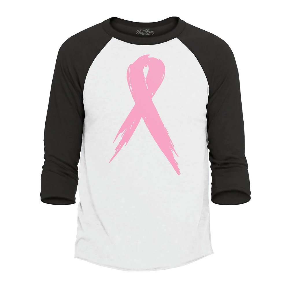 shop4ever Pink Breast Cancer Ribbon Baseball Shirt Support Awareness Raglan Tee Shirts Medium White/Black