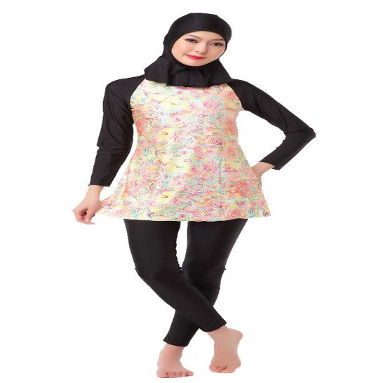 GladThink Womens Muslim Burkini 3-Pieces Flower Printing Swimsuit Black XS