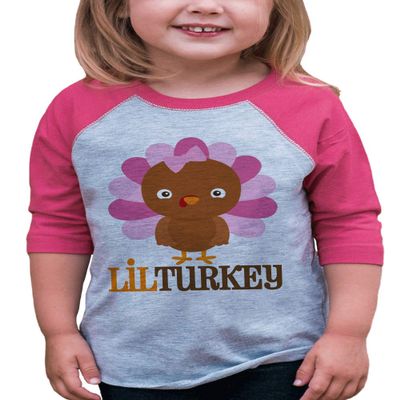 7 ate 9 Apparel Girl's Little Turkey Thanksgiving XL Pink Raglan