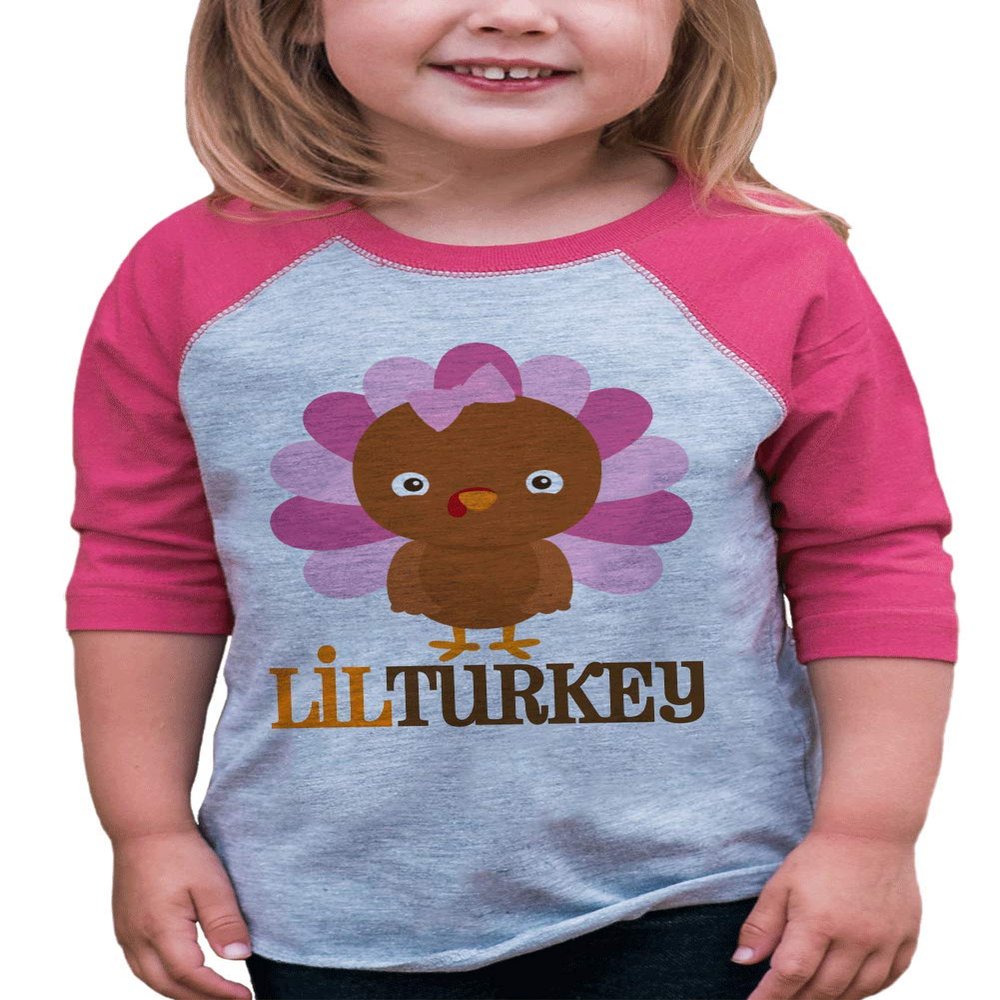 7 ate 9 Apparel Girl's Little Turkey Thanksgiving XL Pink Raglan