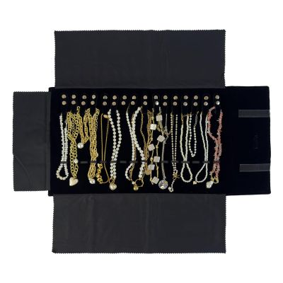 UnionPlus Velvet Travel Jewelry Roll Bag Organizer for Necklace, Elastic Band and Anti-winding, Black