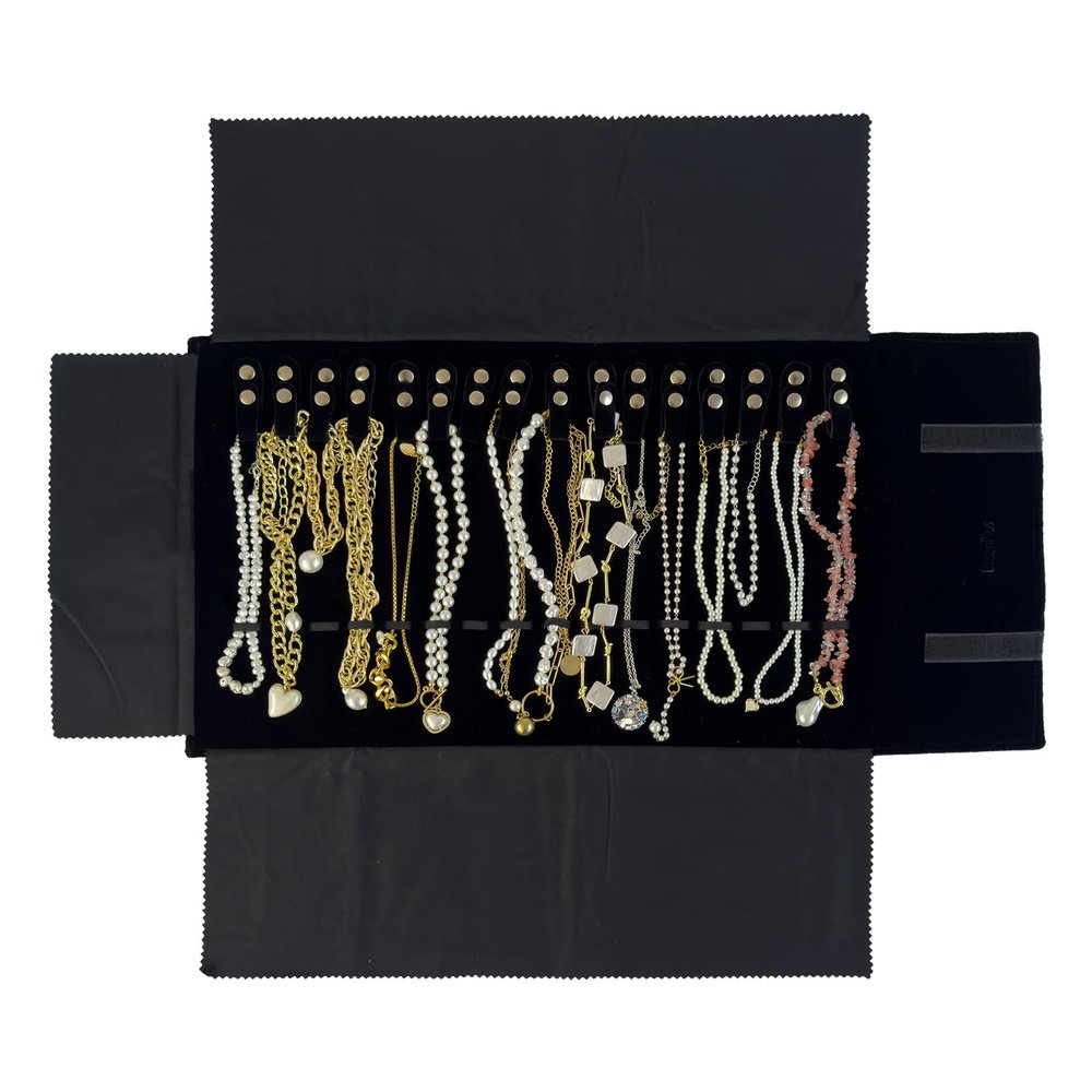 UnionPlus Velvet Travel Jewelry Roll Bag Organizer for Necklace, Elastic Band and Anti-winding, Black