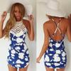 Ambrelia Women Summer Floral Print Chiffon V-Neck Backless Sleeveless Mini Dress Blue view 2