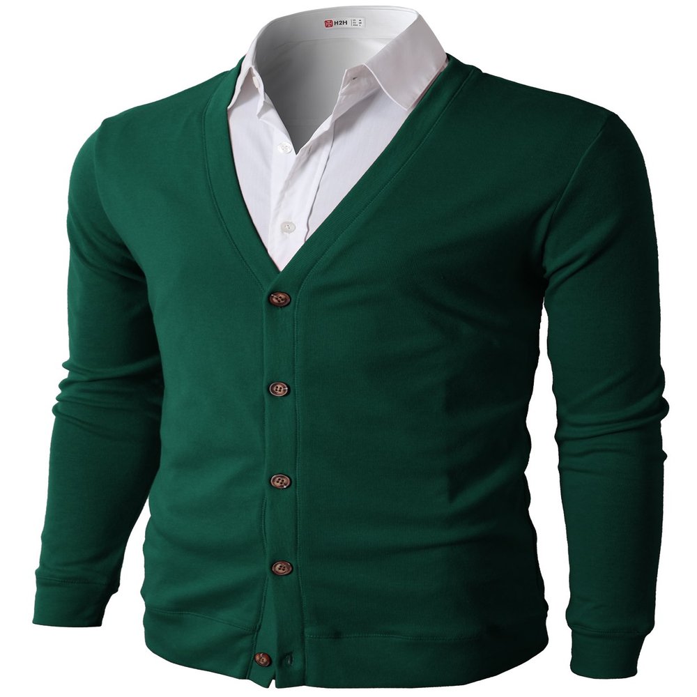H2H Mens Casual Slim Fit Basic Designed Cotton Cardigan, CMOCAL012-GREEN, US XL (Asia 2XL)